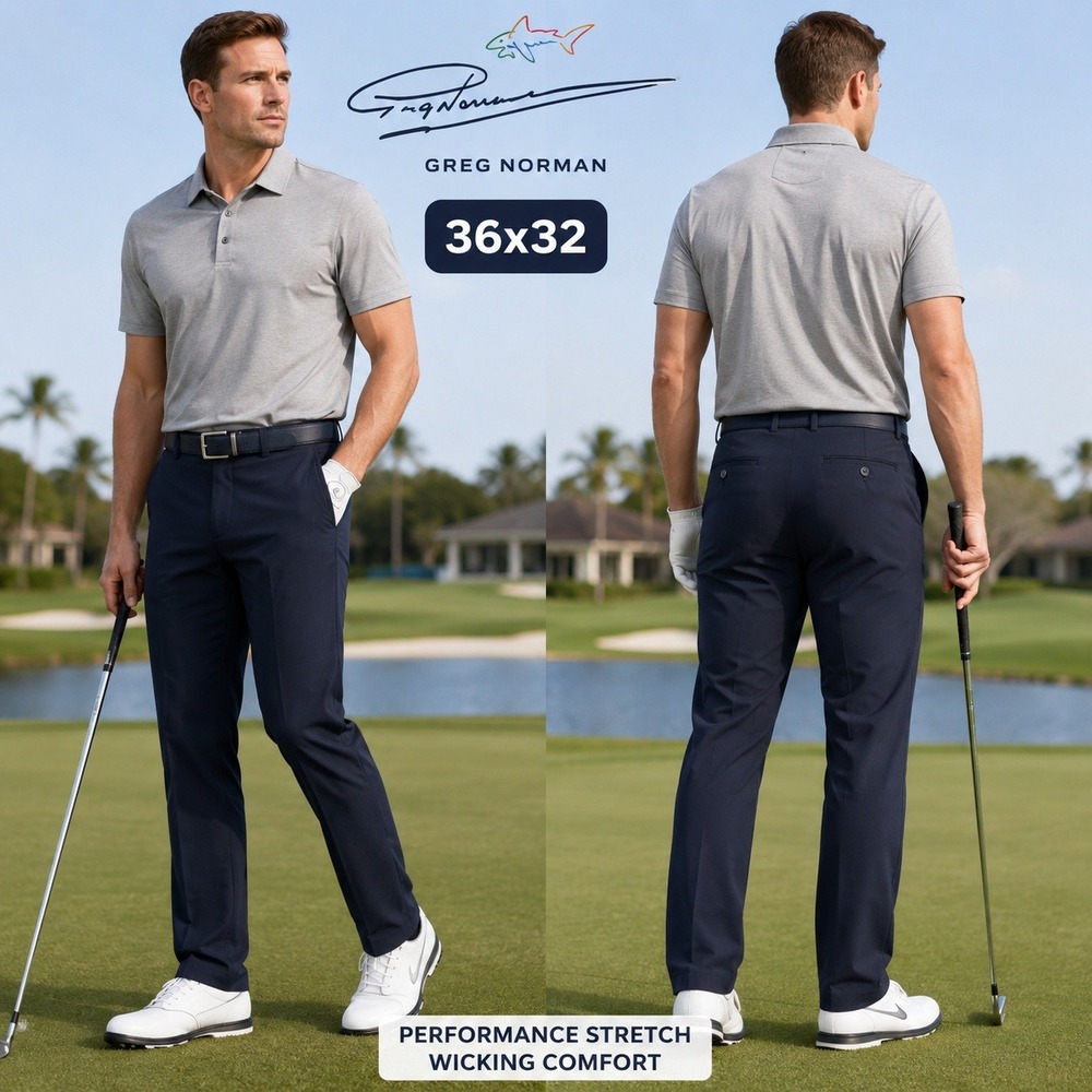 Greg Norman Mens Navy Blue Performance Stretch Golf Pants 36x32 Wicking Comfort